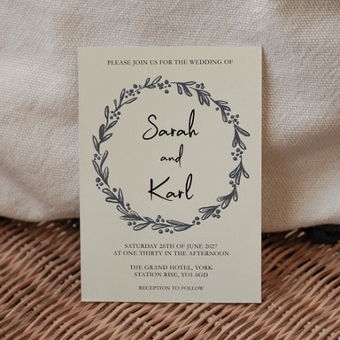 Rustic Hand Drawn Wreath Pewter Wedding Invitation on Cream Card