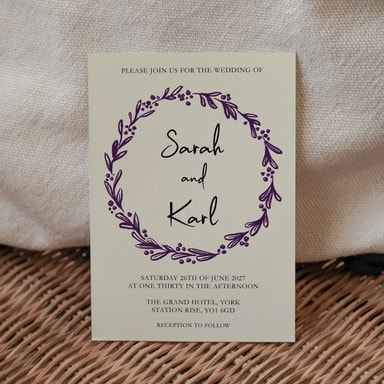 Rustic Hand Drawn Wreath Plum Wedding Invitation on Cream Card