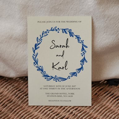 Rustic Hand Drawn Wreath Royal Blue Wedding Invitation on Cream Card