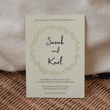 Rustic Hand Drawn Wreath Seafoam Green Wedding Invitation on Cream Card