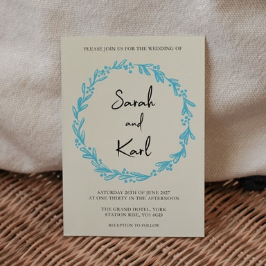 Rustic Hand Drawn Wreath Sky Blue Wedding Invitation on Cream Card