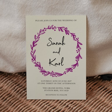 Rustic Hand Drawn Wreath Violet Wedding Invitation on Cream Card