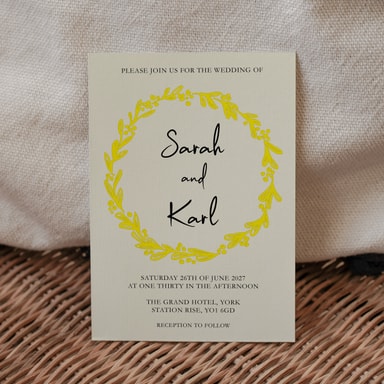 Rustic Hand Drawn Wreath Yellow Wedding Invitation on Cream Card