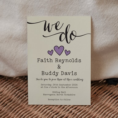 Rustic Hearts Amethyst Wedding Invitation on Cream Card