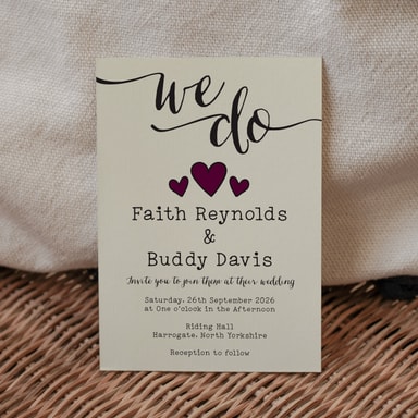 Rustic Hearts Aubergine Wedding Invitation on Cream Card