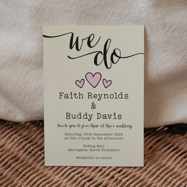 Rustic Hearts Baby Pink Wedding Invitation on Cream Card