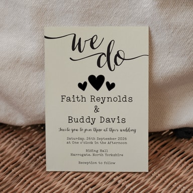 Rustic Hearts Black Wedding Invitation on Cream Card