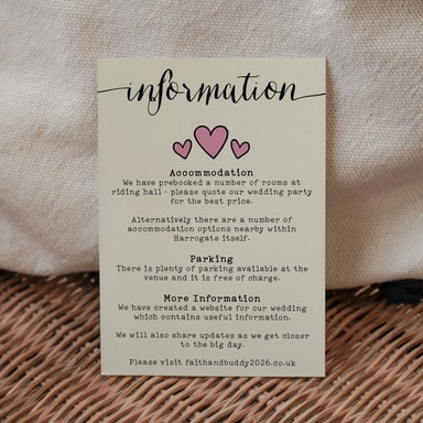 Rustic Hearts Blush Pink Guest Information Card on Cream Card