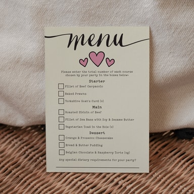 Rustic Hearts Blush Pink Menu Card with Choices on Cream Card