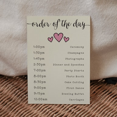 Rustic Hearts Blush Pink Order Of The Day Card on Cream Card