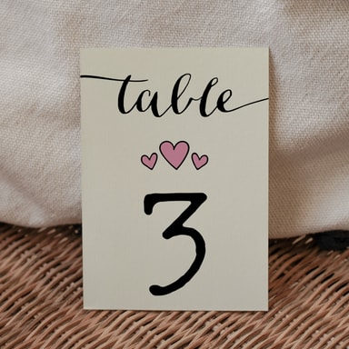 Rustic Hearts Blush Pink Table Number Card on Cream Card