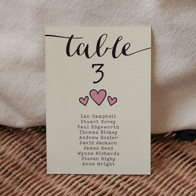 Rustic Hearts Blush Pink Table Plan Card on Cream Card