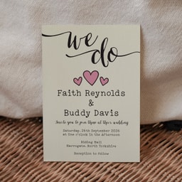 Rustic Hearts Blush Pink Wedding Invitation on Cream Card