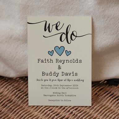 Rustic Hearts Duck Egg Blue Wedding Invitation on Cream Card