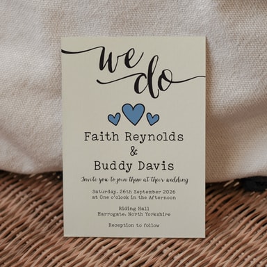 Rustic Hearts Pastel Blue Wedding Invitation on Cream Card