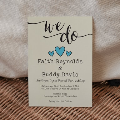 Rustic Hearts Sky Blue Wedding Invitation on Cream Card