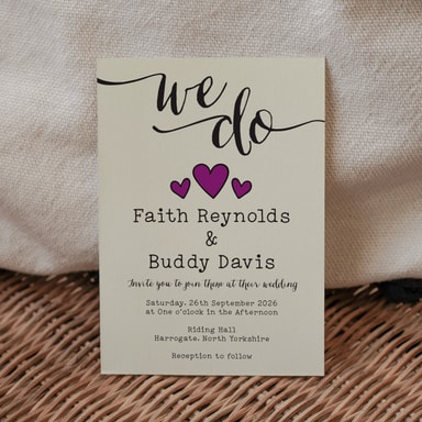 Rustic Hearts Violet Wedding Invitation on Cream Card