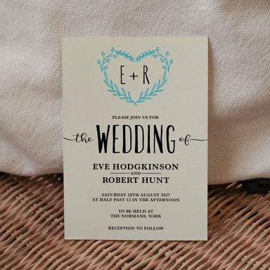 Rustic Vibes Aqua Blue Wedding Invitation on Cream Card