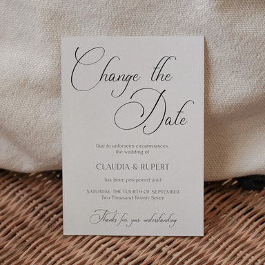 Simply Elegant Black Change The Date Card on White Card