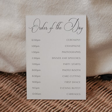 Simply Elegant Black Order Of The Day Card on White Card