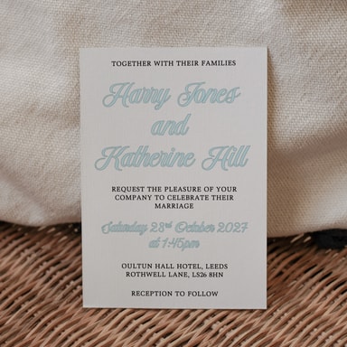 Simply Vintage Pale Blue Wedding Invitation on White Card