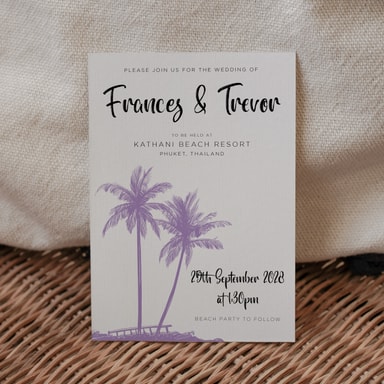 Tropical Palm Tree Amethyst Wedding Invitation on White Card