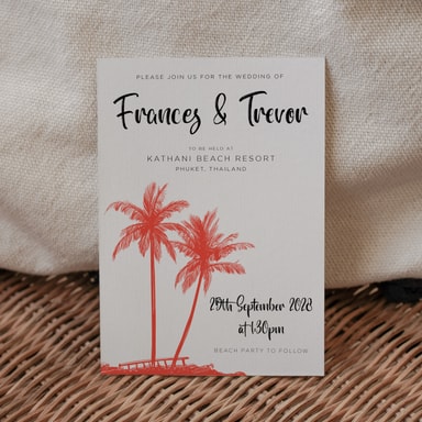 Tropical Palm Tree Apple Red Wedding Invitation on White Card