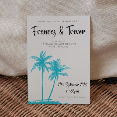 Tropical Palm Tree Aqua Blue Wedding Invitation on White Card