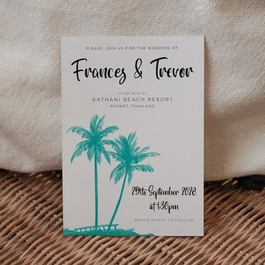 Tropical Palm Tree Aquamarine Wedding Invitation on White Card