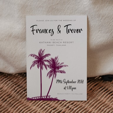 Tropical Palm Tree Aubergine Wedding Invitation on White Card