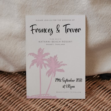 Tropical Palm Tree Baby Pink Wedding Invitation on White Card