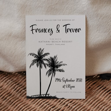 Tropical Palm Tree Black Wedding Invitation on White Card