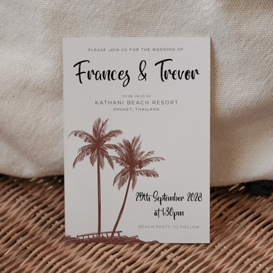 Tropical Palm Tree Brown Wedding Invitation on White Card