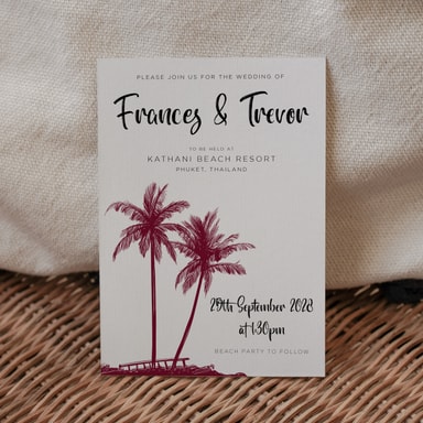 Tropical Palm Tree Burgundy Wedding Invitation on White Card