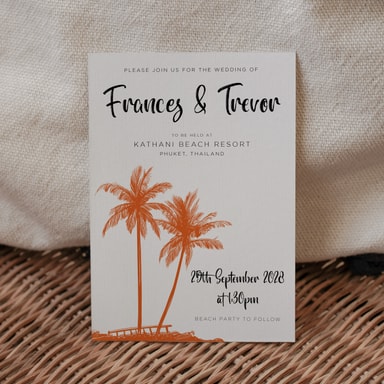 Tropical Palm Tree Burnt Orange Wedding Invitation on White Card
