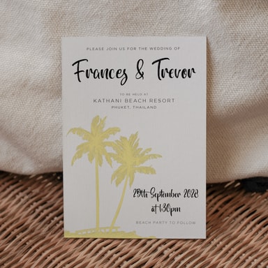 Tropical Palm Tree Canary Yellow Wedding Invitation on White Card