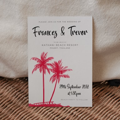 Tropical Palm Tree Cherry Wedding Invitation on White Card