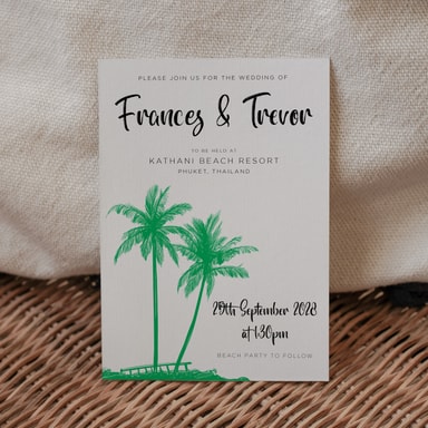 Tropical Palm Tree Clover Green Wedding Invitation on White Card