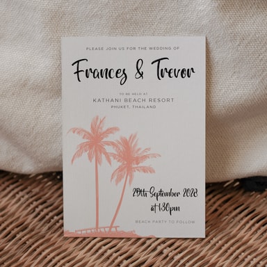 Tropical Palm Tree Coral Pink Wedding Invitation on White Card