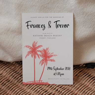 Tropical Palm Tree Coral Wedding Invitation on White Card