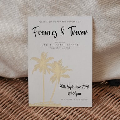 Tropical Palm Tree Cream Wedding Invitation on White Card