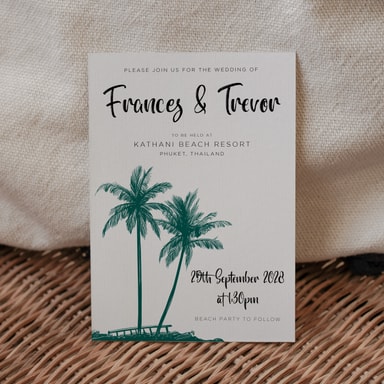 Tropical Palm Tree Dark Green Wedding Invitation on White Card