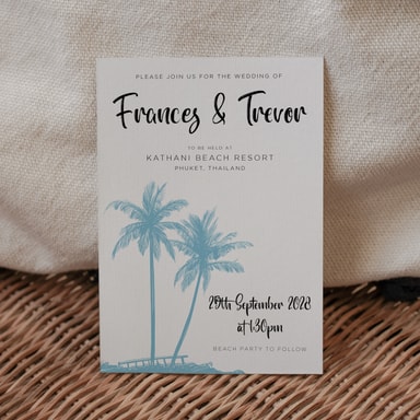 Tropical Palm Tree Duck Egg Blue Wedding Invitation on White Card