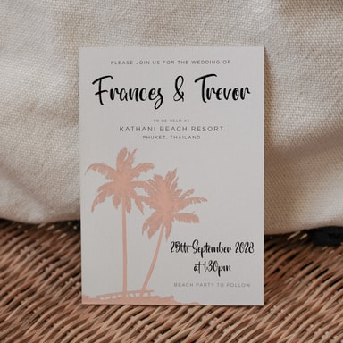 Tropical Palm Tree Dusty Pink Wedding Invitation on White Card