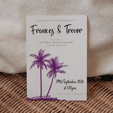 Tropical Palm Tree Grape Wedding Invitation on White Card