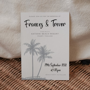 Tropical Palm Tree Grey Wedding Invitation on White Card