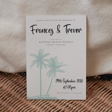 Tropical Palm Tree Jade Green Wedding Invitation on White Card