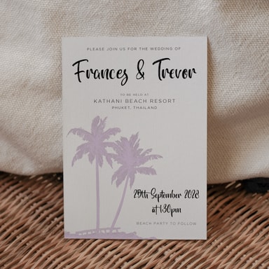 Tropical Palm Tree Lavender Wedding Invitation on White Card