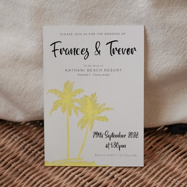 Tropical Palm Tree Lemon Wedding Invitation on White Card