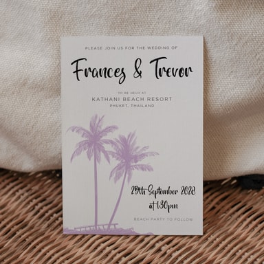 Tropical Palm Tree Lilac Wedding Invitation on White Card